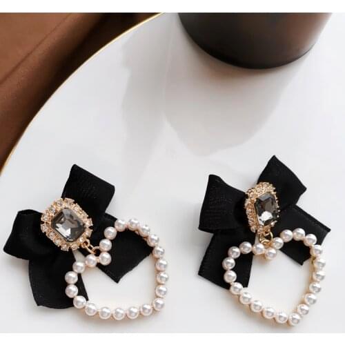 S925 needle Sweet Jewelry Black Bowknot Earrings 2021 New Design Crystal Glass Simulated Pearls Heart Drop Earrings For Girl