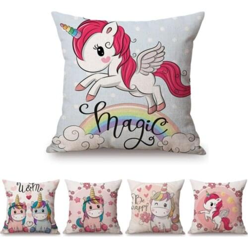 Baby Girl Princess Room Decoration Cute Lovely Pink Unicorn Cartoon Sofa Throw Pillow Cover Cotton Linen Children Cushion Cover
