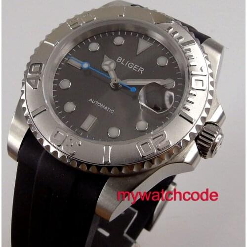 40mm Bliger grey dial date window rotating bezel rubber strap 316L stainless steel case automatic movement mens watch