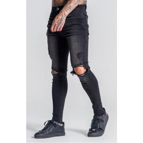 Mens Skinny Ripped Jeans Slim Elasticity Trousers Black Classic Business Hole Denim Jeans Pencil Locomotive Jeans Pants Men