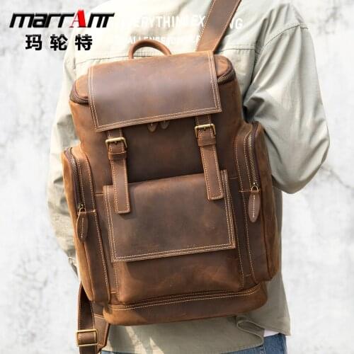 Marrett Retro Mad Horse Leather Mens Backpack 17-inch Head Leather Shoulder Bag Outdoor Travel Backpack