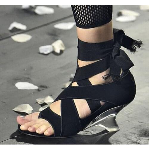 Latest New Brand Woman Summer Black Nude Silk Cross Lace Up Clip-toe Transparent Crystal Hoof Heels 7 cm 10 cm Party Sandals