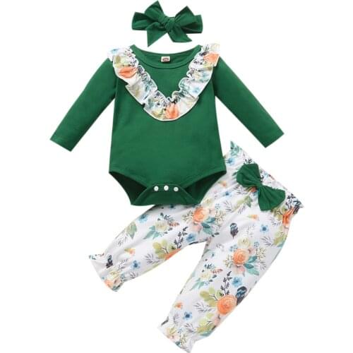 Citgeett Autumn Infant Baby Girls Tops and Trousers Suit Long Sleeve Romper Flower Pants Headband Spring Clothes Set