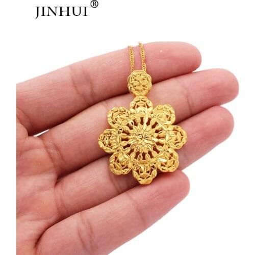 African 24K gold color jewelry necklace pendant flowers for women 45cm Girl link chain friends wife Ethiopian wedding gifts