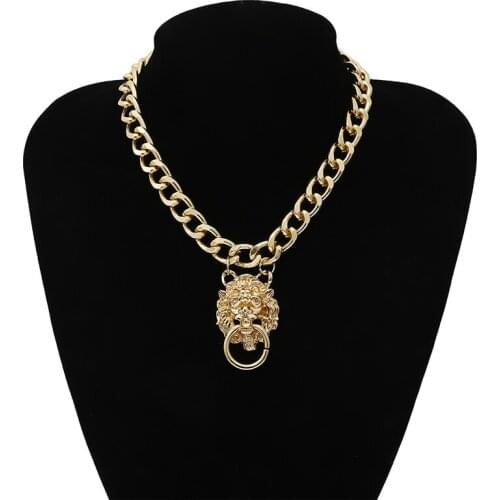 Punk Hip-hop Gothic Short Chain Exaggerated Metal Lion Head Pendant Collar Necklace Womens Gold Choker Jewelry Accessories