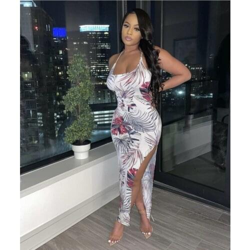 Echoine Leaves Print Strap Midi Dress Sexy Skinny Bodycon Fitness Long Maxi Dresses Summer Party Club Split Vestidos Sundress