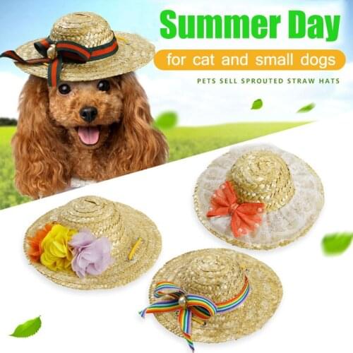 Woven Straw Dog Caps Outdoor Sun-Proof Adjustable Summer Pet Accessories Medium Small Dogs Flower Decorative Cat Hat