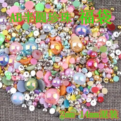 Mixed lot 2-14mm AB color semi circle pearl beads super value bag multicolored ABS imitation pearl mobile phone DIY Nail jewelry