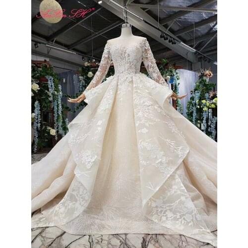 AnXin SH Luxury princess white flower lace o neck beading crystal long sleeve champagne ball gown wedding dress 100% real photo