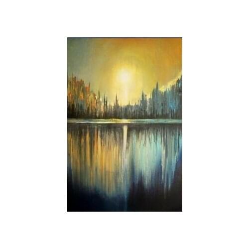Hand Painted Oil Painting Blue Lake Sunset-Landscape Oil Paintings-Modern Canvas Art Wall Decor