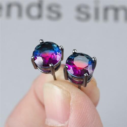 8MM Round Rainbow Stone Blue Purple Zircon Stud Earrings For Women Wedding Jewelry Vintage Fashion Black Gold Multicolor Earring