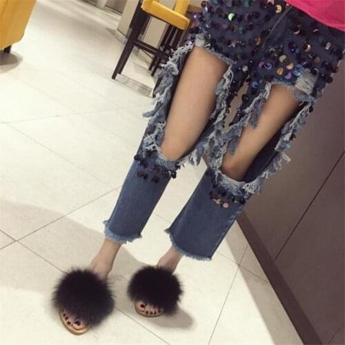 Summer Fluffy Slippers Womens Real Fox Fur Slides Color Flat Indoor Sandals Ladies Furry Flip Flops Fashion Soft Plush Shoes