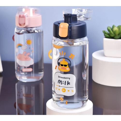 450ml Cartoon Printed Glass Outdoor Water Bottle with Lid and Drawstring Lock Snap Lid High Borosilicate Handheld Portable Cup