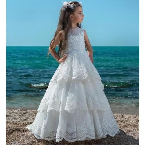 Vintage Lace Flower Girl Dresses Jewel Neck Hollow Back Kids Lace Tiered Tulle Girls Pageant Gown Any Size