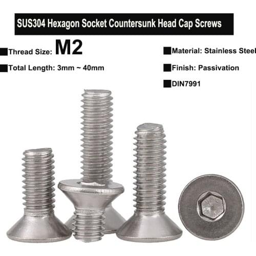 50Pcs/30Pcs M2 SUS304 Stainless Steel Hexagon Socket Countersunk Head Cap Screws DIN7991 Total Length 3mm-40mm