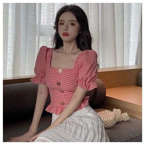 Women Blouse Summer Button Design Ruffled Plaid Short Top Short Sleeve Women Blusas Mujer De Moda