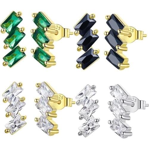 Bisaer Authentic 925 Sterling Silver Shine Blocks Stud Earring With Geometry Zircon Earrings For Women Fine Jewlery Gift ECE1051
