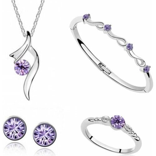 Womens Birthday Gift Wedding Jewelry Set Fashion 925 Sterling Silver Explosion Purple Crystal 4 Piece Set Free Shipping s002
