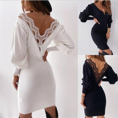 Winter Dress Sexy Backless Hollow Lace Stitching V-neck Long Sleeve Slim Dress Fashion Lantern Sleeve Bodycon Dresses Femme new