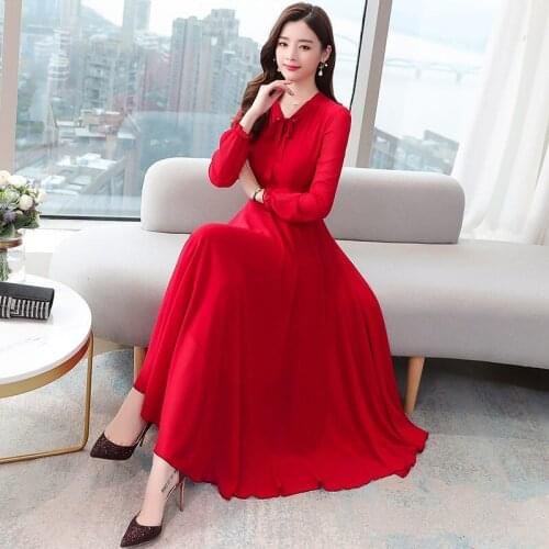 2020 New Year Fashion Solid Chiffon Dress For Women Spring Autumn Bow Collar Elegant Ladies Party Dress Formal Vestidos f2802