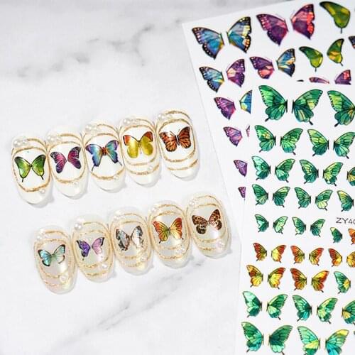 2 Sheets Holographic Butterflies Nails Art Manicure Stickers Blue Black Decals Spring Theme Flowers Nail Decoration Manicure