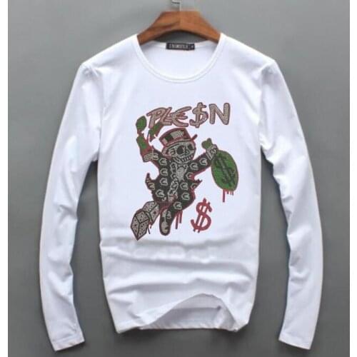 2021 Thin Summer Mens Casual Long-Sleeved T-Shirt Original Brand Cartoon Shiny Hot Drilling Slim Pullover