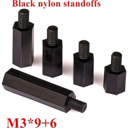 500pcs M3*9+6 female Black Hex Nylon Standoff Spacer Column, Thread M3 for PCB Motherboard Plastic Spacing Screws