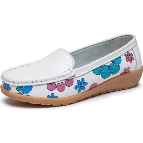 Autumn Woman Flats Genuine Leather Shoes Slip On Ballet Flats Women Flats Print Woman Shoes Moccasins Soft Loafers Shoes