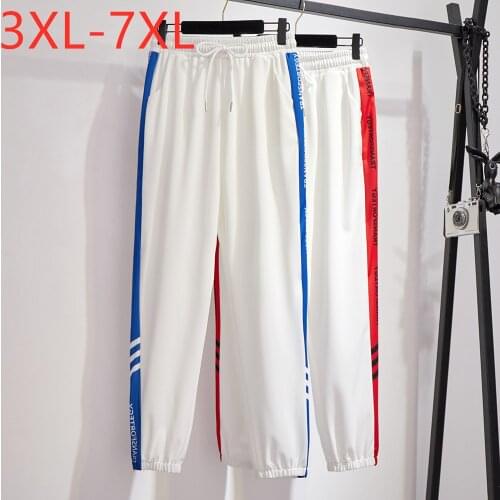 New Ladies Spring Autumn Plus Size Long Sports Pants For Women Large Loose Straight White Stripe Trousers 3XL 4XL 5XL 6XL 7XL