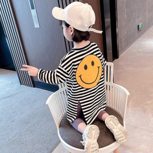 2021 New Autumn Children Long Sleeve Smile Face Striped Dress Casual Cotton Round Collar Straight Dress Toddler Clothes 1-7Yrs