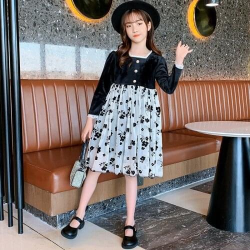 2021 Girls Dress Elegant Long Sleeve Floral Kids Dresses for Girl Autumn Princess Costume Childrens Clothing 4 6 8 10 12 14 Yrs