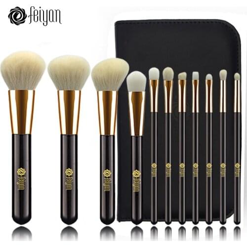 Feiyan Makeup Brushes Set 11pcs Face Foundation Powder Blush Eye Cosmetic brush Kit Professional natural goat hair With Bag Case