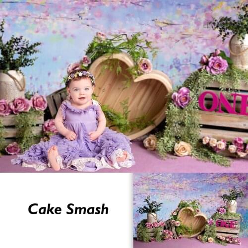 1st Birthday Purple Flowers Cake Smash Portrait Backdrop for Photography Studio Little Girl Newborn Kids Photo Background Props
