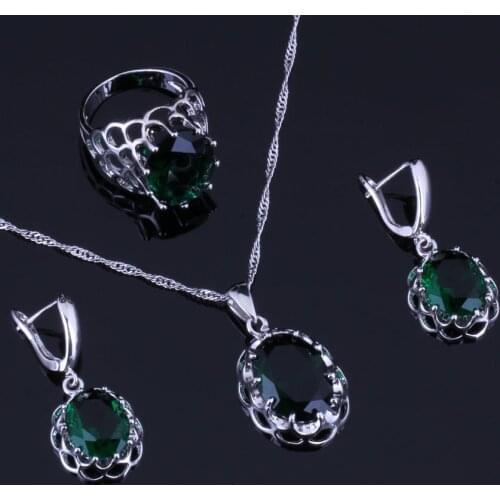Magic Oval Egg Green Cubic Zirconia Silver Plated Jewelry Sets Earrings Pendant Chain Ring V0277