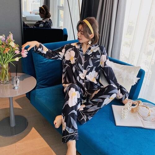 New summer comfortable and lovely home long sleeve Pants Set Lapel cotton rayon cardigan pajamas womens two piece set