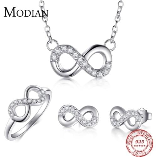 Modian 2021 Sale Solid 925 Sterling Silver Jewelry Set Clear CZ Infinite Love Ring Classic Stud Earrings Fashion Necklace Chain