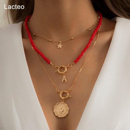 Lacteo Bohemian Carved Coin Virgin Mary Statue Letter Star Pendant Necklace Kpop Double Layer Acrylic Bead Chain Choker Necklace