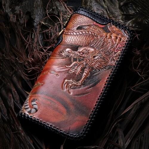 Master Works Genuine Leather Wallets Carving Dragon Tiger Purses Men Long Clutch Vegetable Tanned Leather Wallet Card Holder