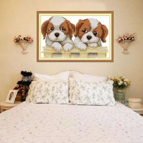 48*35cm Needlework DIY Handmade Cross Stitch Sets For Embroidery Kits Precise Printed Cute Two Dogs Cartoon Home Decor Crafts