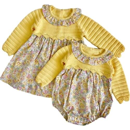 2021 Sisters Clothes Girls Knitted Rompers Kid Sweaters Autumn BabyGirls Cute Flowers Dress Baby Child Knitted Rompers Outwear