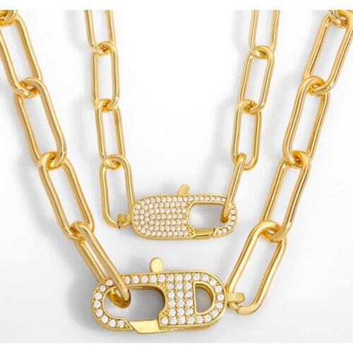 FLOLA Gold Curb Link Chain Necklace For Women Thick Chunky Chain Carabiner Pendant Necklace CZ Stone Punk Jewelry Gifts nket27