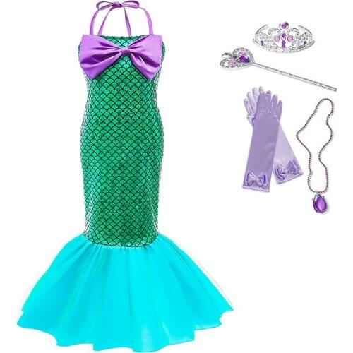 Little Mermaid Princess Arier Dress Girls Cute Fancy Strapless Gowns Kids New Year Party Birthday Green Clothes Cosplay Costume