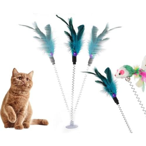 1PC Spring Pet Toy Elastic With Bell Spring Color Mouse And Feather Bottom Sucker Pet Cat Toy Product Cat Accessories Decoration