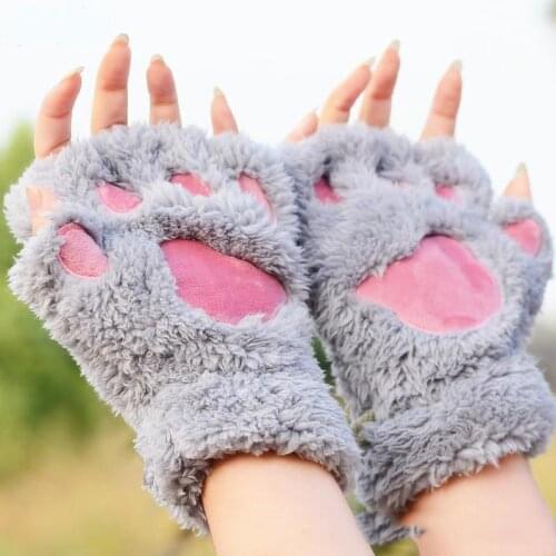 Cute Cat Paw Fluffy Claw Fingerless Gloves Warm Soft Plush Fingerless Panda Glove Half Finger Women Winter Wear Christmas Gifts