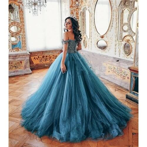 YiMinpwp Crystal Quinceanera Dresses Off Shoulder Lace up Back Sweep Train Beads Long Formal Prom Party Gowns for Sweet 16