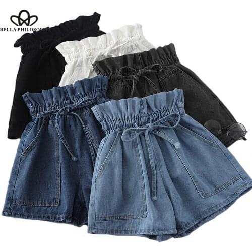 Bella Philosophy High Waist Bud Skirts Womens Korean Drawstring Waist Summer Denim Shorts Solid Color jean shorts Streetwear