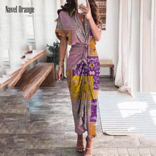 Summer Women Printing Short Sleeve Long Party Dress Turn-Down Collar Button Ladies Dress Fashion Elegant Streetwear Dropshipping