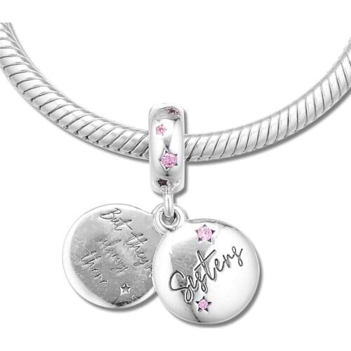 925 Sterling Silver Jewelry Forever Sisters Dangle For Chain Bracelets & Bangles Pink CZ Family Silver Charms for Jewelry Making