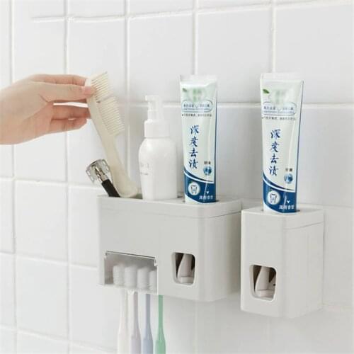 Toothbrush Wall Mount Rack Bathroom Tool Set Toothpaste Toothbrush Holder Bathroom Accessories Set Toothpaste Squeezer Dispenser