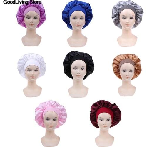 1PCS 58cm Long Hair Care Unisex Satin Bonnet Cap Wide-brimmed Night Sleep Hat Silk Head Wrap Adjust Shower Caps Knitted Cap